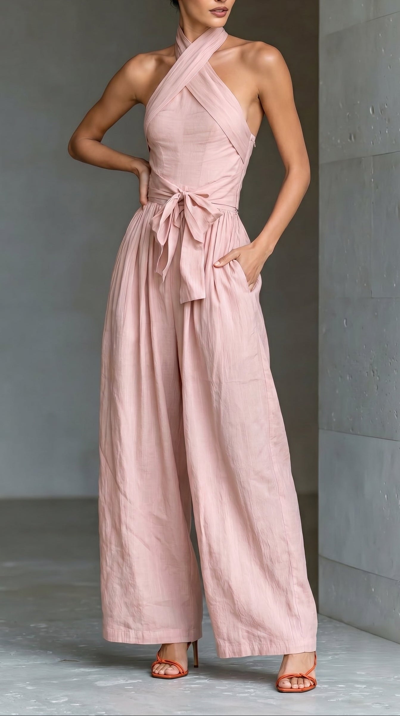 Combinaison femme à col américain croisé, poches, dos nu, taille à nouer et jambes larges