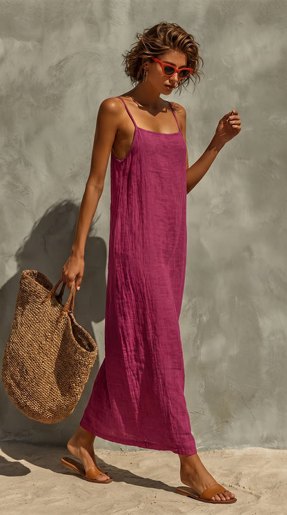 Robe en Coton Rouge avec Bretelles Fines et Col Carré, Robe de Style Intemporelle