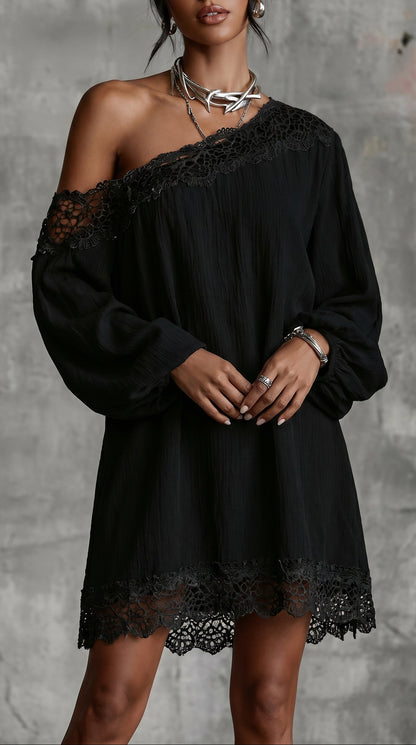 Robe Mini à Manches Longues, Couleur Unie, Épaule Dégagée, Couture Découpée