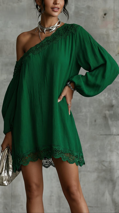 Robe Mini à Manches Longues, Couleur Unie, Épaule Dégagée, Couture Découpée