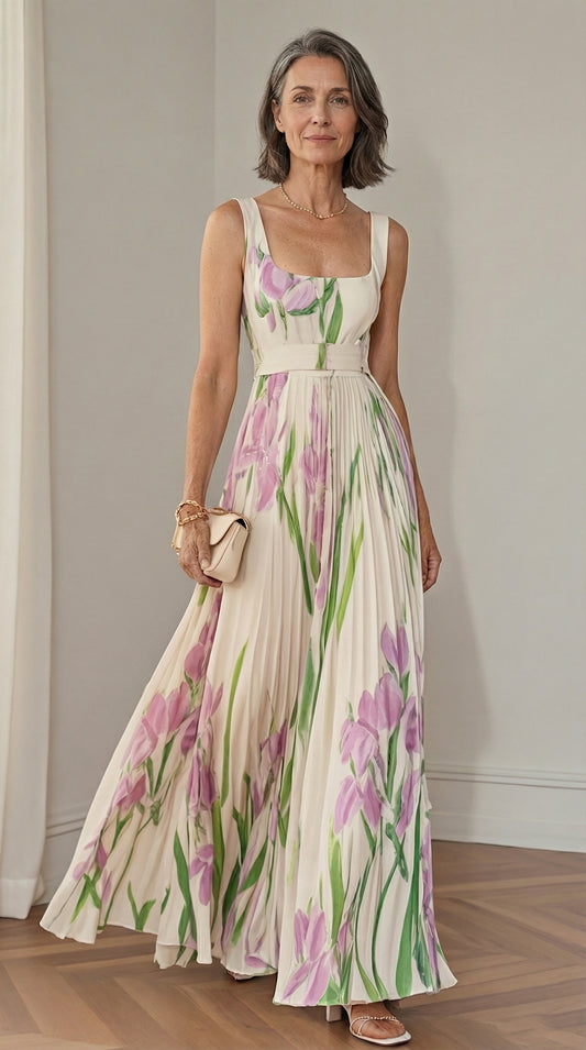 Robe longue trapèze sans manches à col carré en mousseline de soie plissée à motif floral blanc