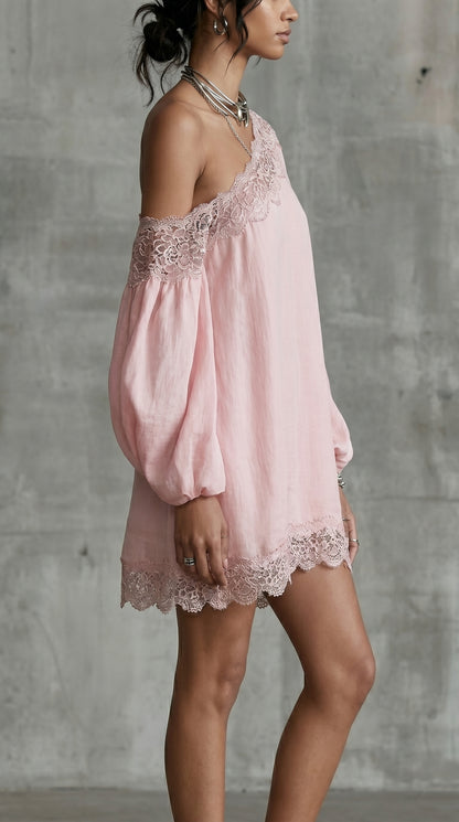 Robe Mini à Manches Longues, Couleur Unie, Épaule Dégagée, Couture Découpée
