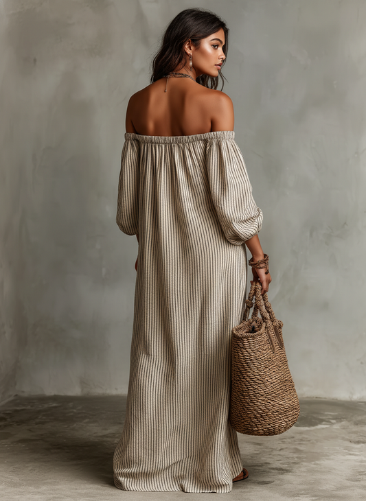 Robe maxi en mélange coton-lin à épaules dénudées et manches longues