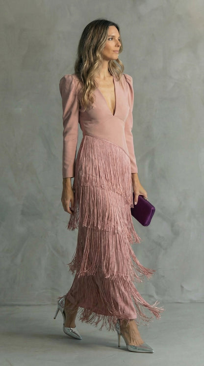 Robe midi élégante avec manches à franges