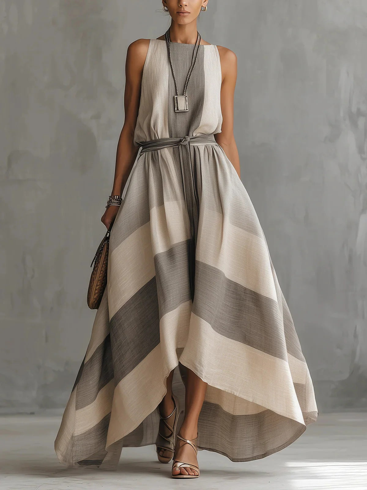 Robe longue élégante à rayures sans manches