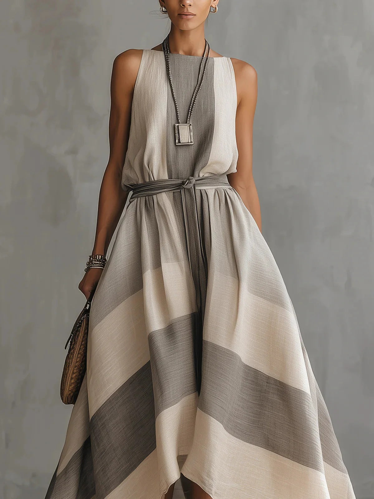 Robe longue élégante à rayures sans manches
