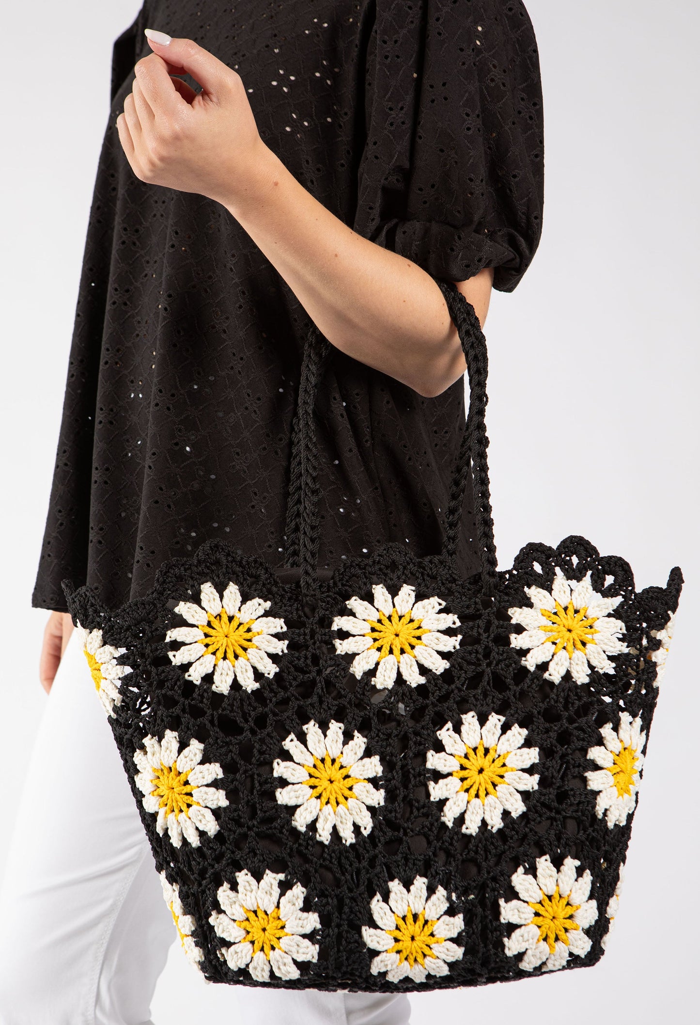 Sac fourre-tout en crochet et tricot avec motif marguerite