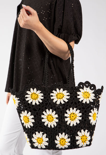 Sac fourre-tout en crochet et tricot avec motif marguerite