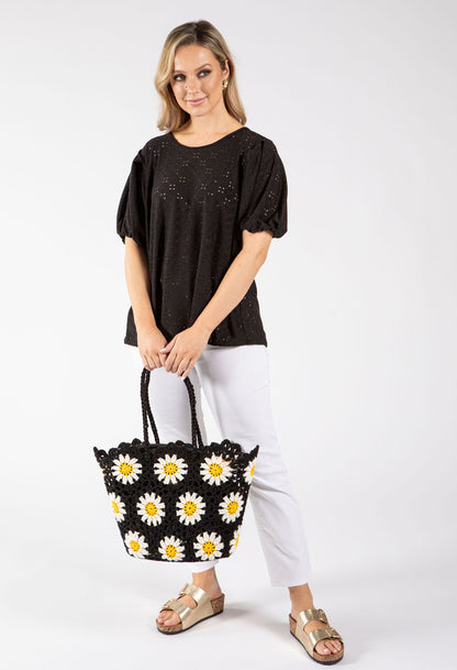 Sac fourre-tout en crochet et tricot avec motif marguerite