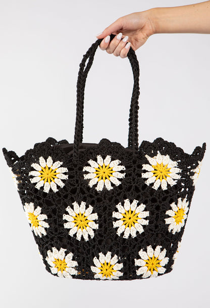 Sac fourre-tout en crochet et tricot avec motif marguerite