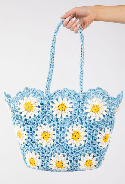 Sac fourre-tout en crochet et tricot avec motif marguerite