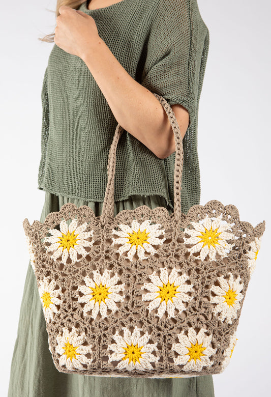 Sac fourre-tout en crochet et tricot avec motif marguerite