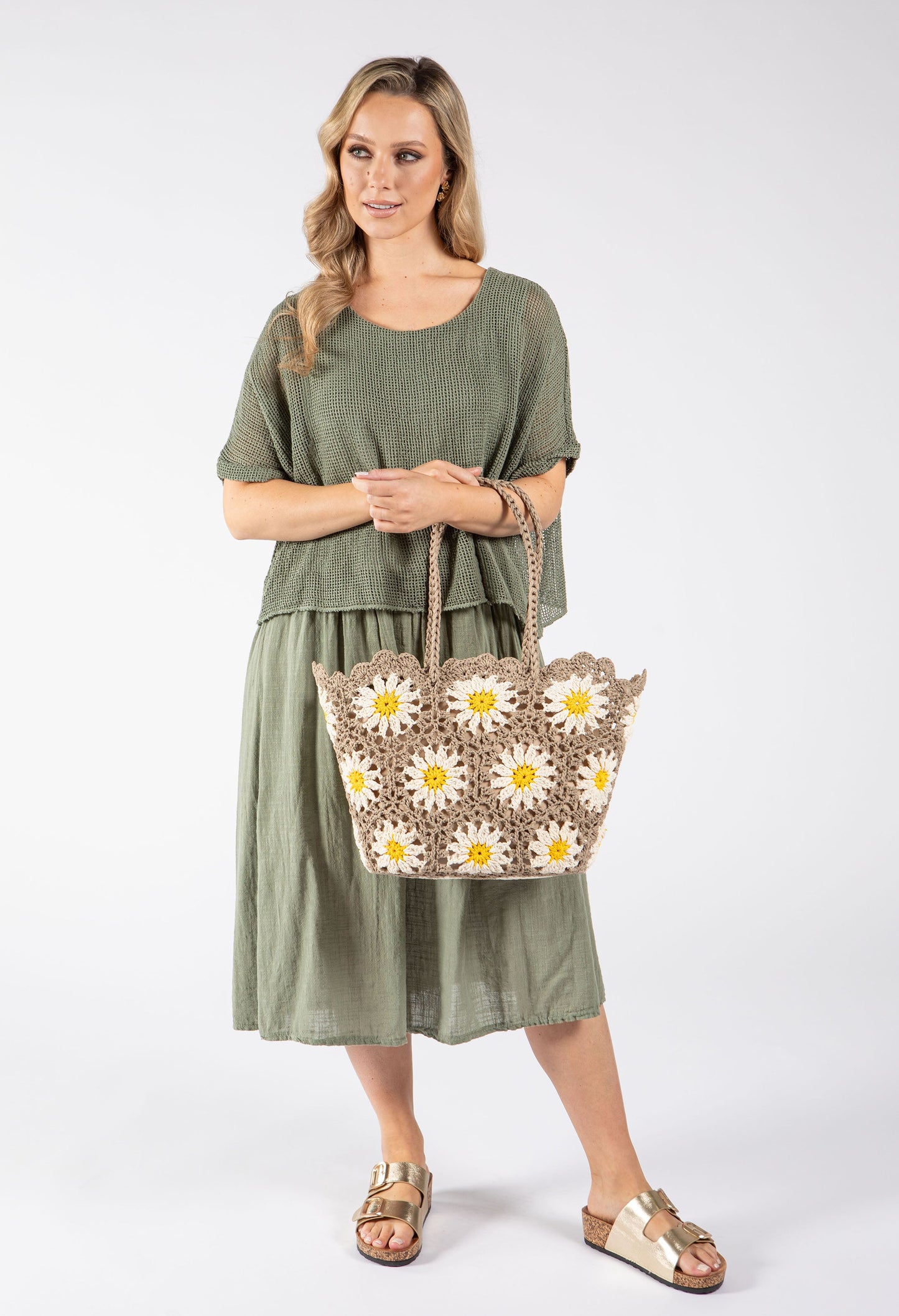 Sac fourre-tout en crochet et tricot avec motif marguerite