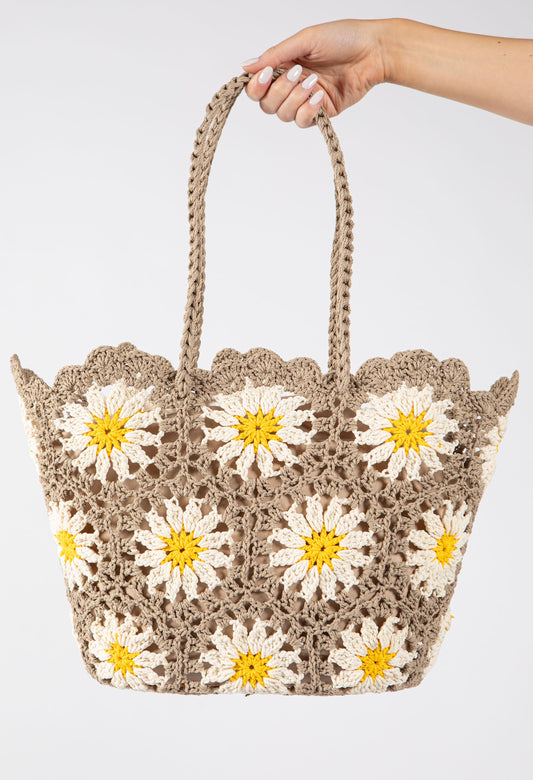 Sac fourre-tout en crochet et tricot avec motif marguerite