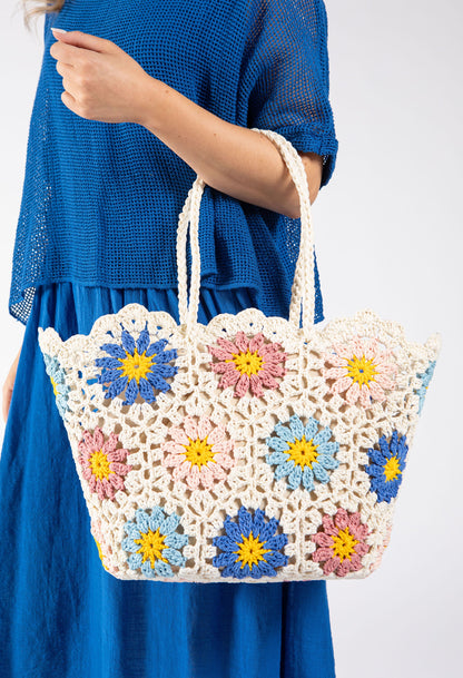 Sac fourre-tout en crochet et tricot avec motif marguerite