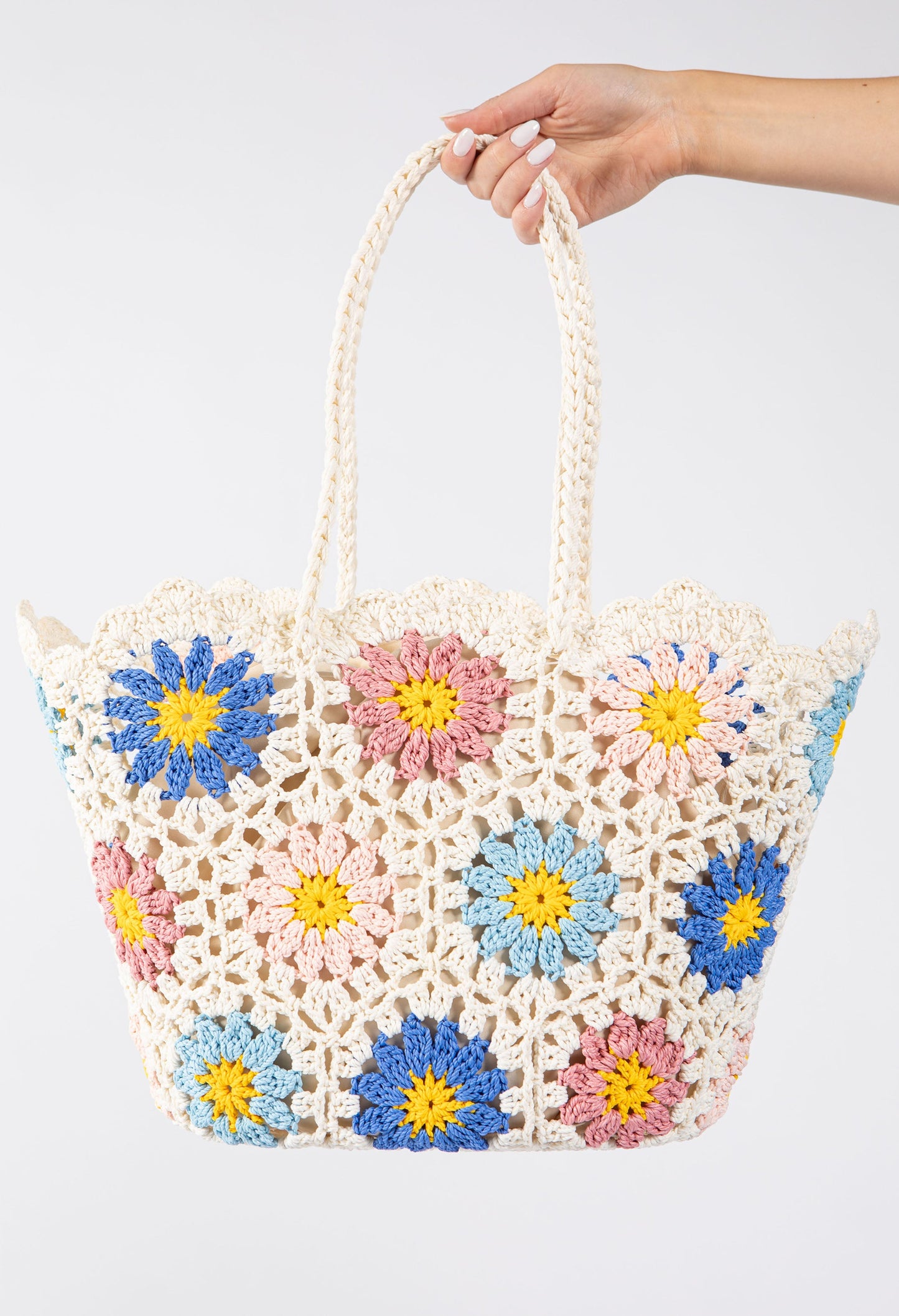 Sac fourre-tout en crochet et tricot avec motif marguerite