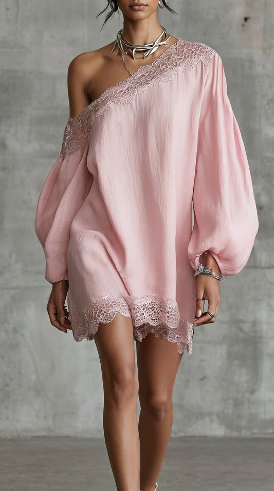 Robe Mini à Manches Longues, Couleur Unie, Épaule Dégagée, Couture Découpée