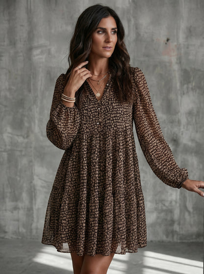 Robe Mini Plissée à Col V avec Manches Longues Ample et Imprimé Léopard