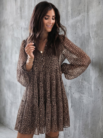 Robe Mini Plissée à Col V avec Manches Longues Ample et Imprimé Léopard