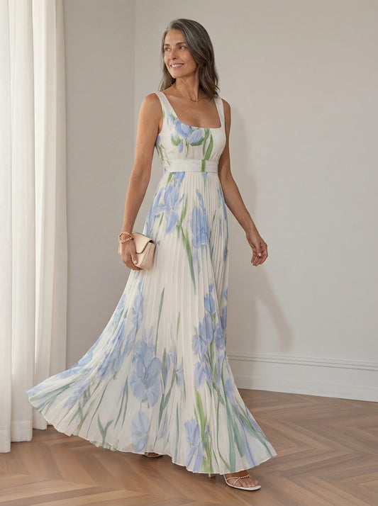 Robe longue trapèze sans manches à col carré en mousseline de soie plissée à motif floral blanc