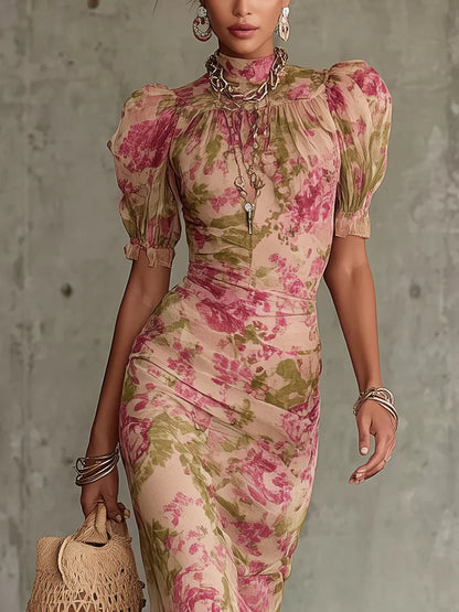 Robe longue imprimée rose vintage à manches bouffantes
