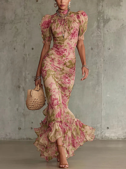 Robe longue imprimée rose vintage à manches bouffantes