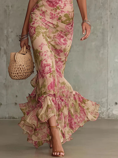 Robe longue imprimée rose vintage à manches bouffantes
