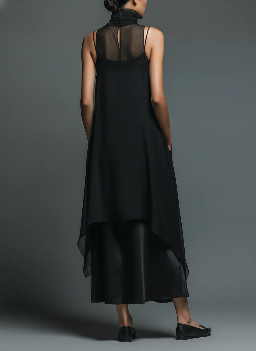 Robe nuisette noire minimaliste en fibre d'acétate synthétique associée à un long paréo en mousseline - Ensemble deux pièces