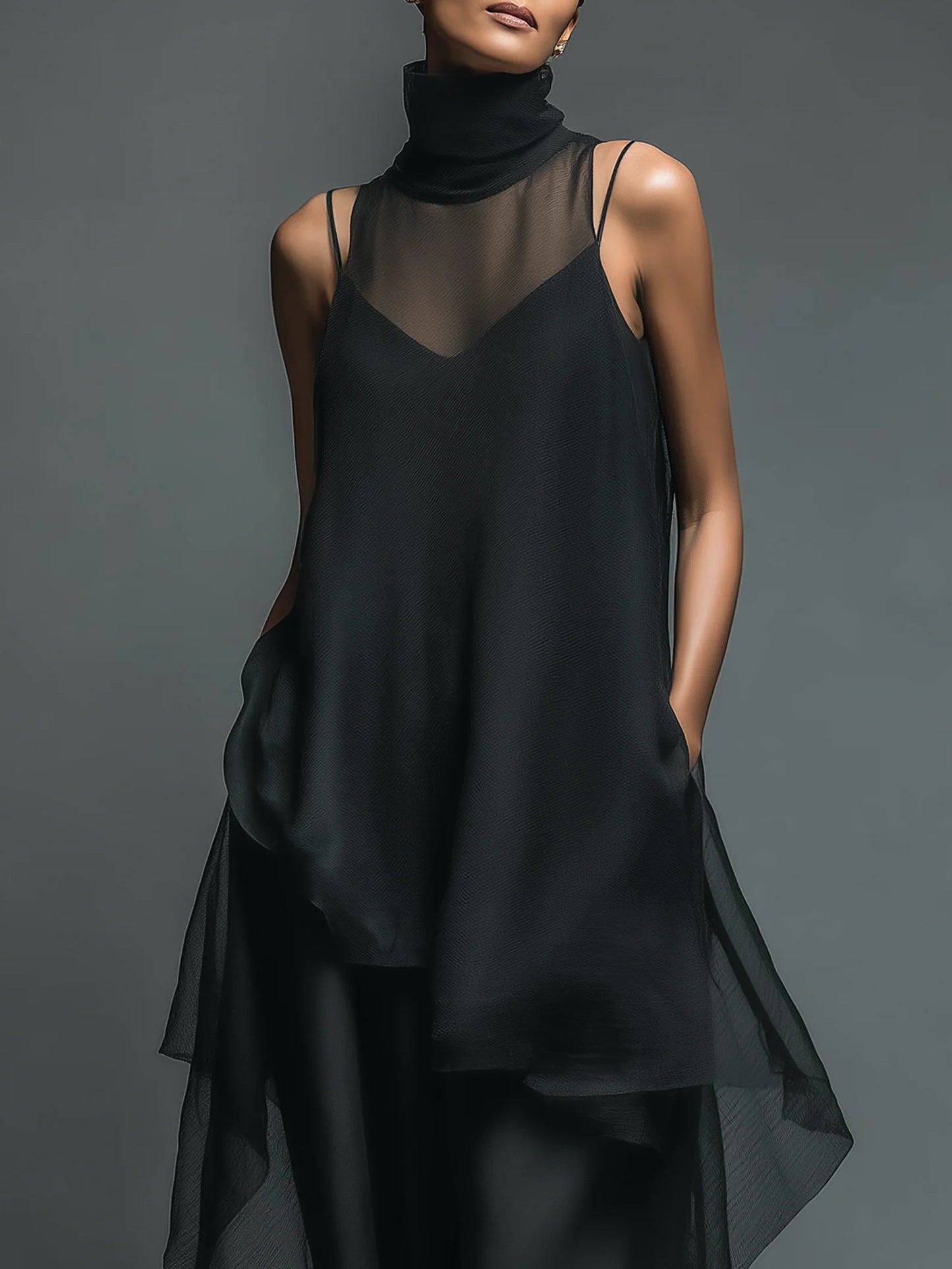 Robe nuisette noire minimaliste en fibre d'acétate synthétique associée à un long paréo en mousseline - Ensemble deux pièces