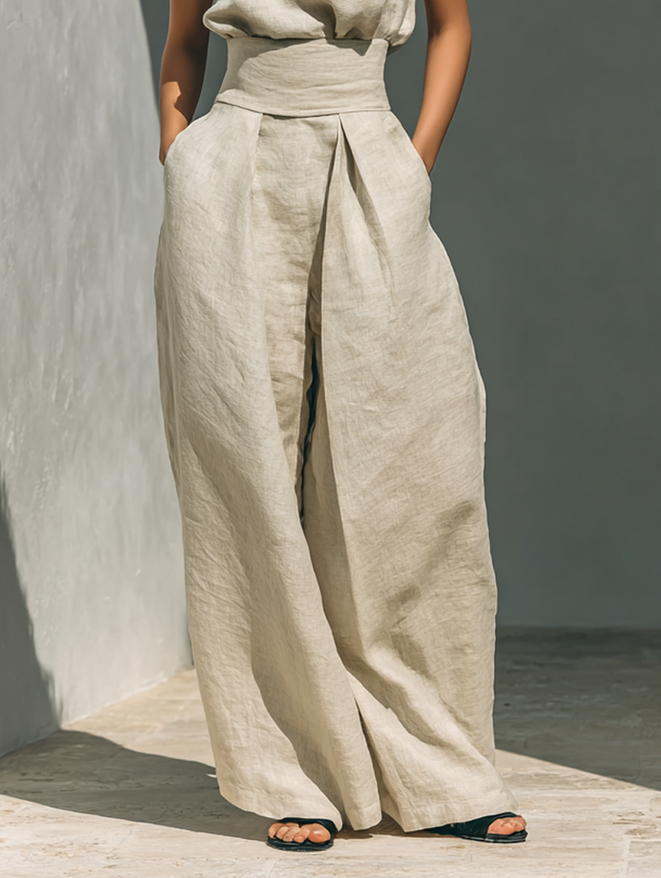 Ensemble débardeur sans manches en mélange de coton et lin beige et pantalon large