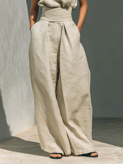 Ensemble débardeur sans manches en mélange de coton et lin beige et pantalon large