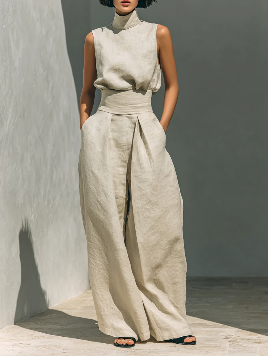 Ensemble débardeur sans manches en mélange de coton et lin beige et pantalon large