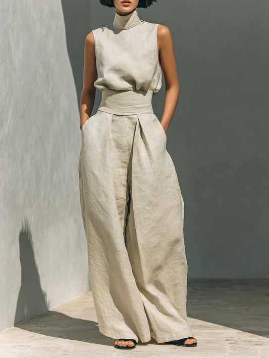 Ensemble débardeur sans manches en mélange de coton et lin beige et pantalon large