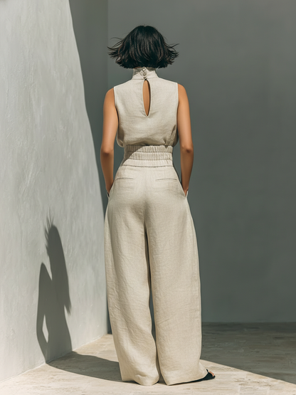 Ensemble débardeur sans manches en mélange de coton et lin beige et pantalon large