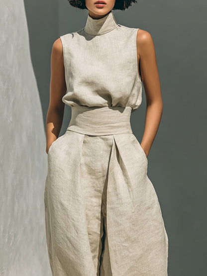 Ensemble débardeur sans manches en mélange de coton et lin beige et pantalon large