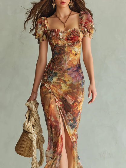 Robe longue en mousseline de soie à imprimé peinture à l'huile bohème orange