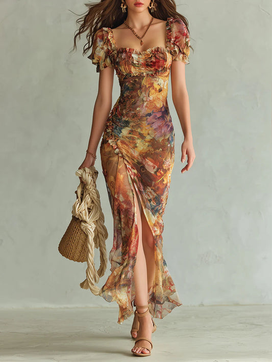 Robe longue en mousseline de soie à imprimé peinture à l'huile bohème orange