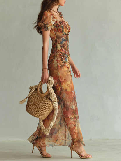 Robe longue en mousseline de soie à imprimé peinture à l'huile bohème orange