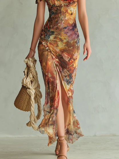 Robe longue en mousseline de soie à imprimé peinture à l'huile bohème orange