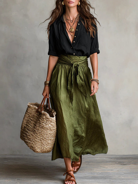 Ensemble de deux pièces : t-shirt noir et jupe midi vert olive