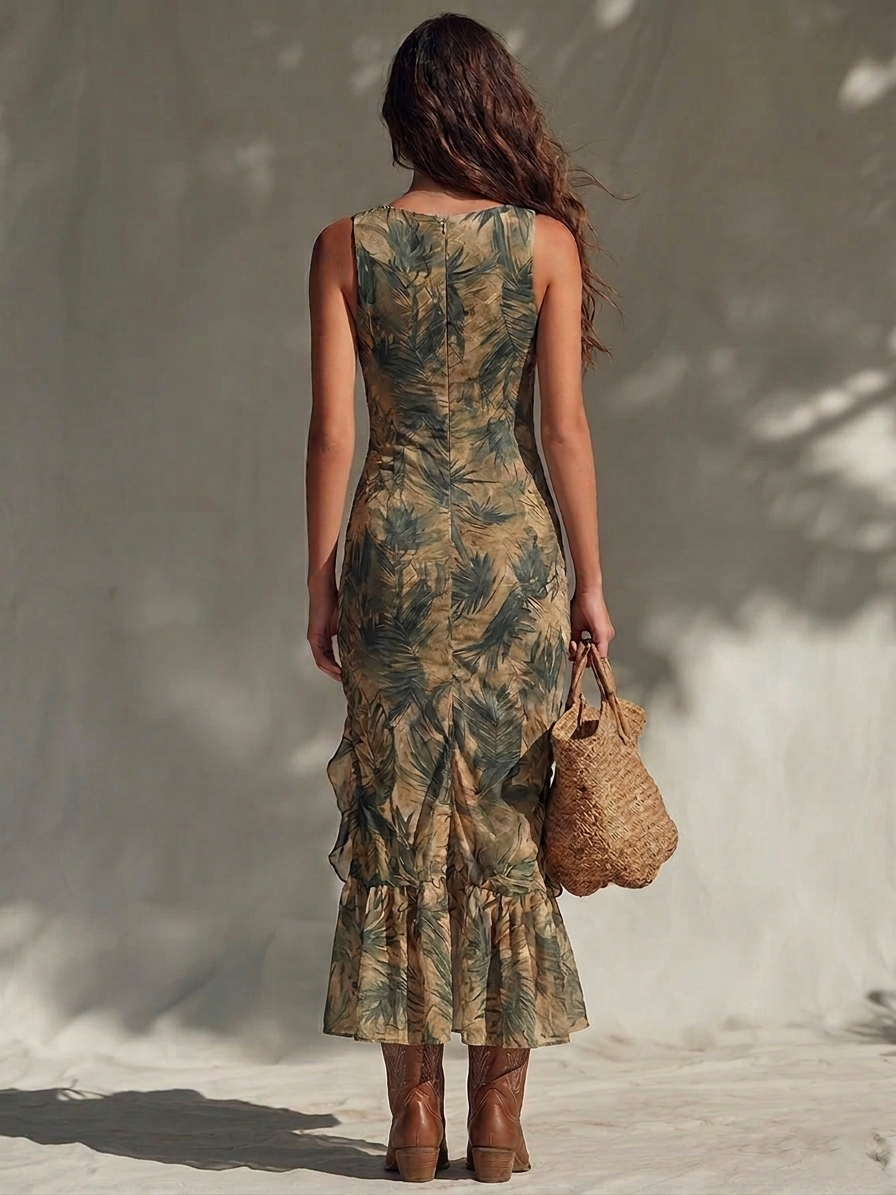Robe longue en mousseline de soie à imprimé botanique vert