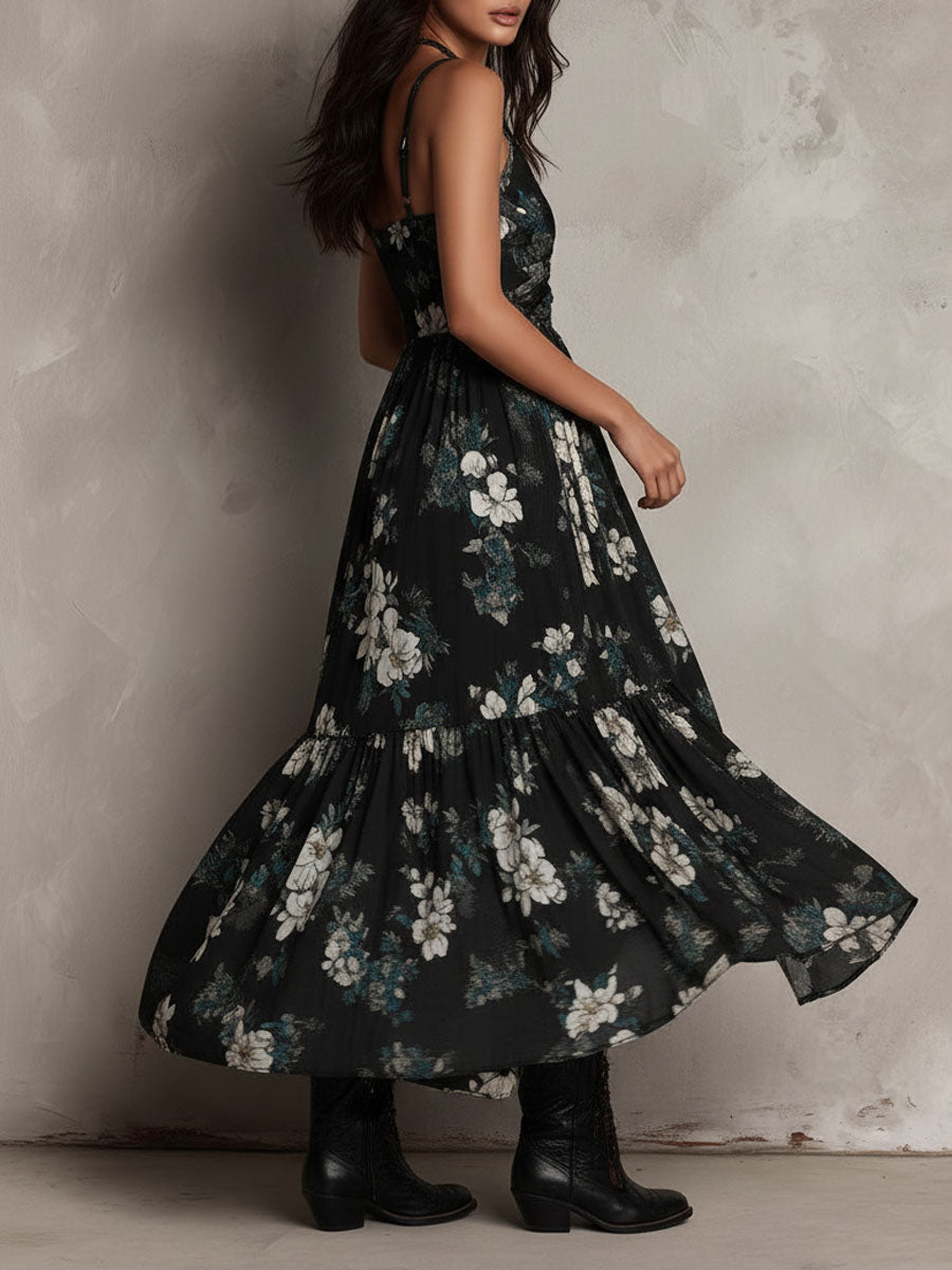 Robe longue bustier imprimé floral bohème noire