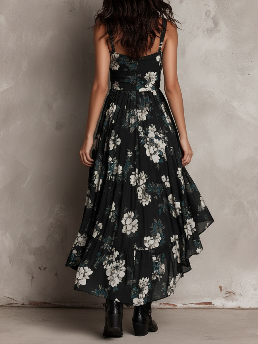 Robe longue bustier imprimé floral bohème noire