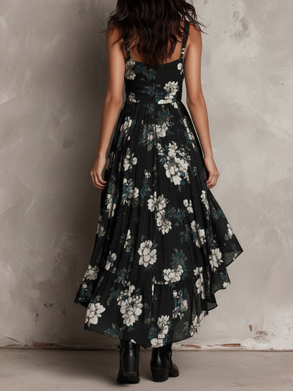 Robe longue bustier imprimé floral bohème noire