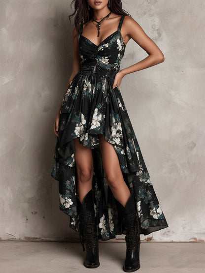 Robe longue bustier imprimé floral bohème noire