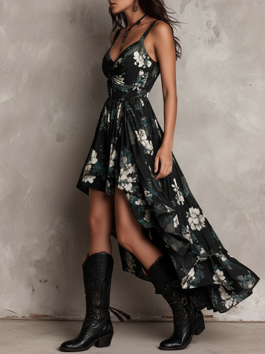 Robe longue bustier imprimé floral bohème noire