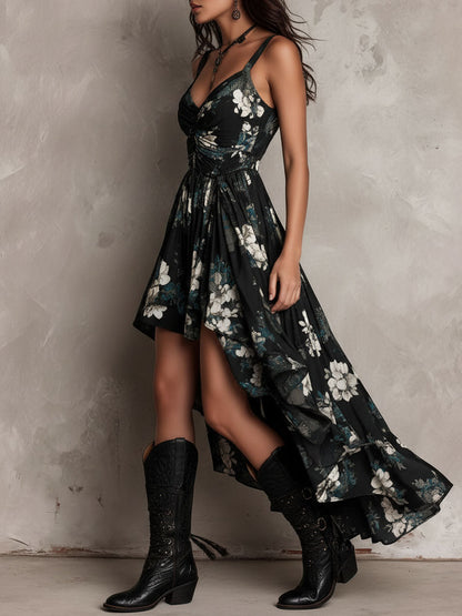 Robe longue bustier imprimé floral bohème noire