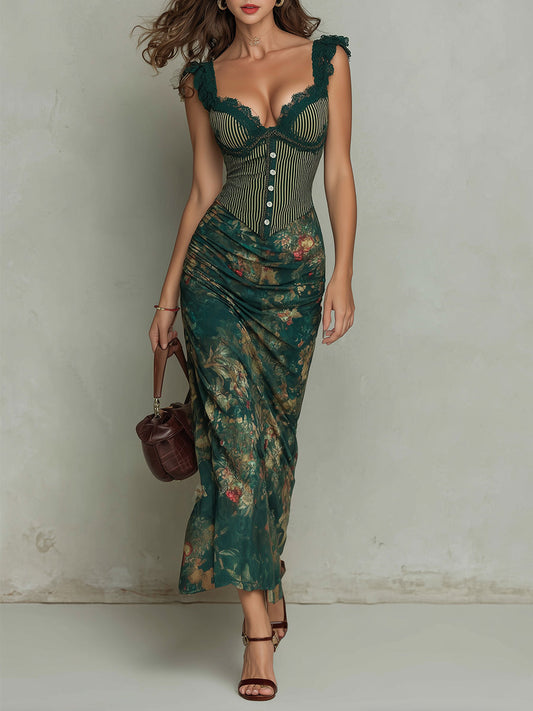 Robe longue à imprimé floral rayé avec détails en dentelle