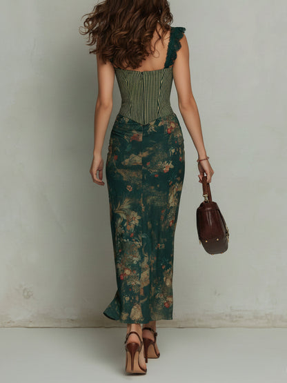 Robe longue à imprimé floral rayé avec détails en dentelle