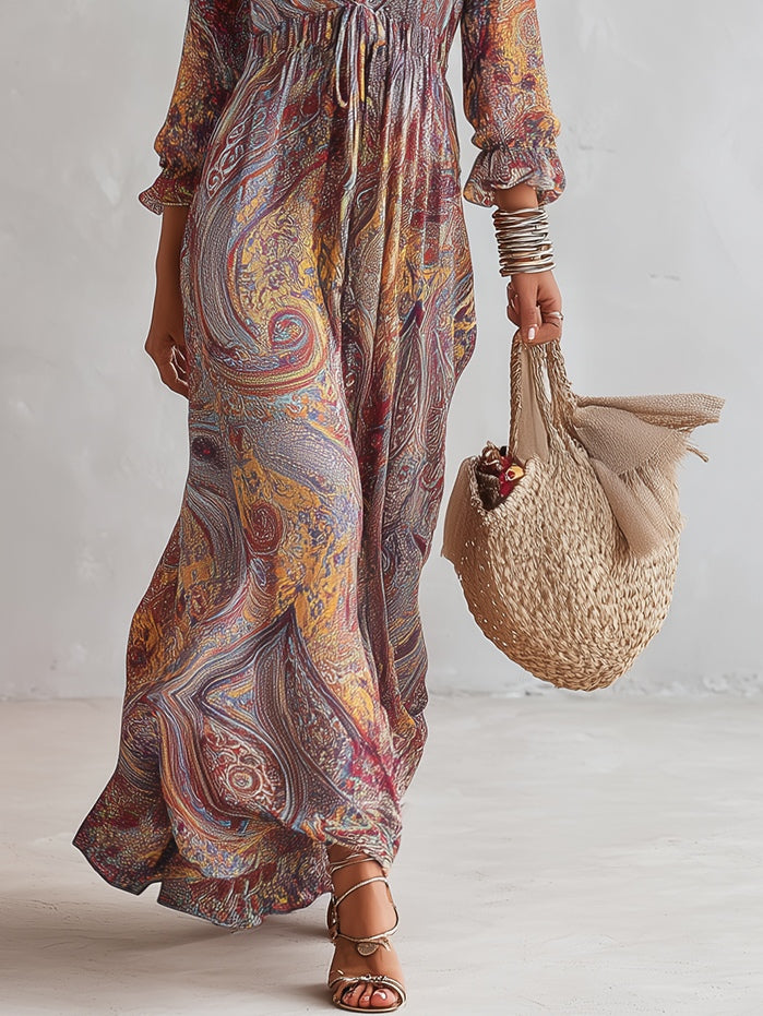Robe longue en mousseline à imprimé cachemire et décolleté en V